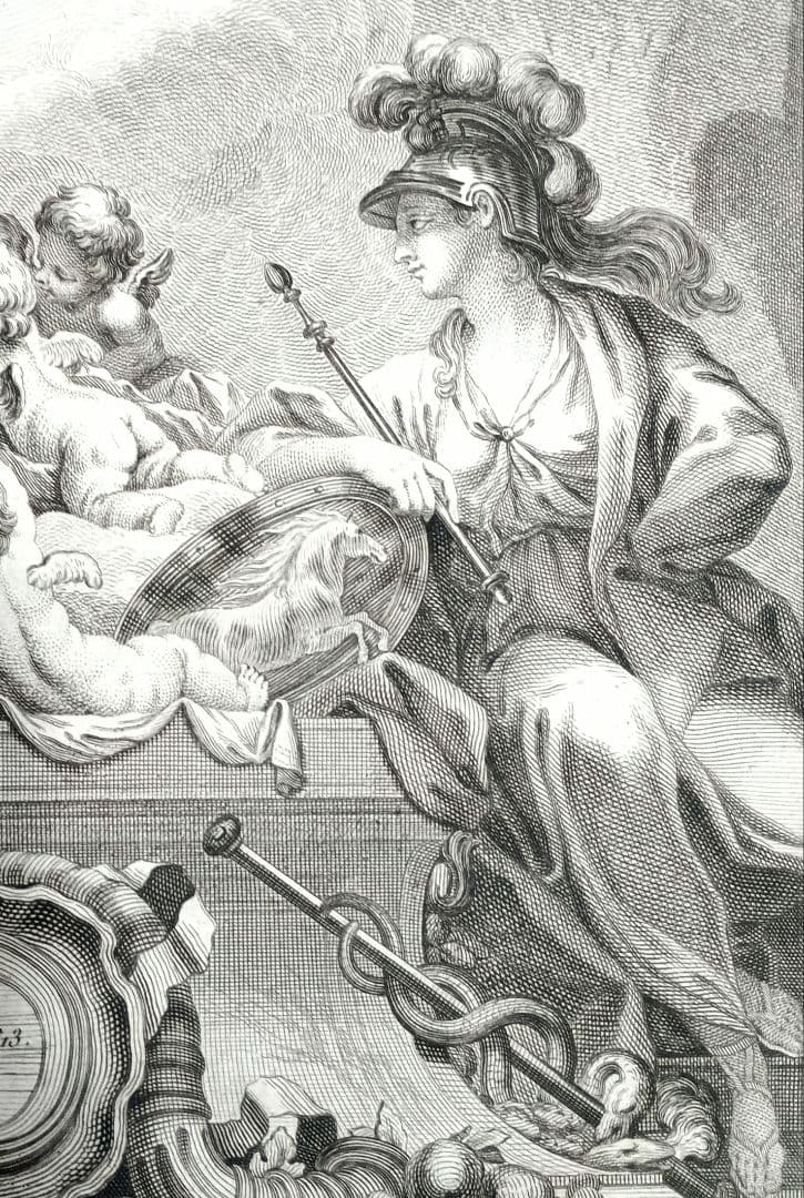 額装品　18世紀　R.ボーゴンディ　「地図帳の扉絵」　大型作品　稀少　版刻精緻