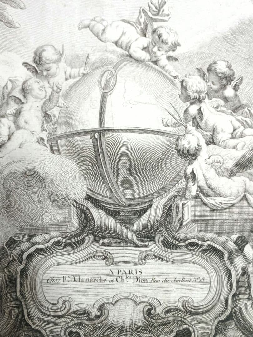 額装品　18世紀　R.ボーゴンディ　「地図帳の扉絵」　大型作品　稀少　版刻精緻