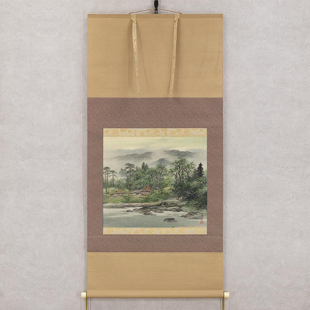 掛軸 横幅 百瀬徳三郎「山村清趣之図」民家 共箱 美術年鑑掲載画家