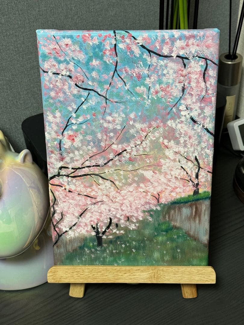 「早桜」　手描き　油絵　風景画　原画　油彩画　印象派