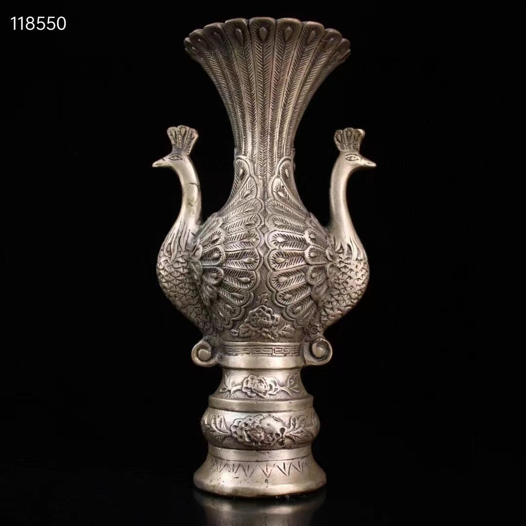 中国古美術・旧蔵・純銅鎏銀鳳凰の花瓶・極細工・置物・純手彫り・文房具・賞物