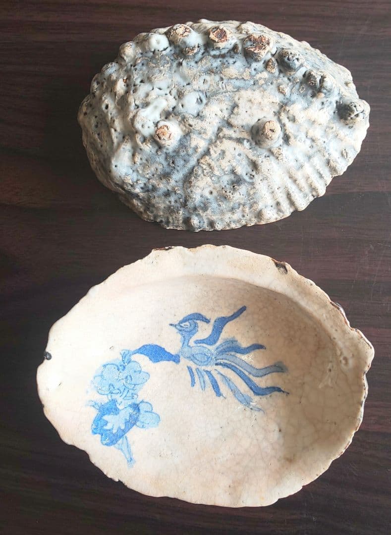古伊万里 稀少珍品 鮑殻飾り皿 染付鳳凰花柄 江戸中期 2皿セット