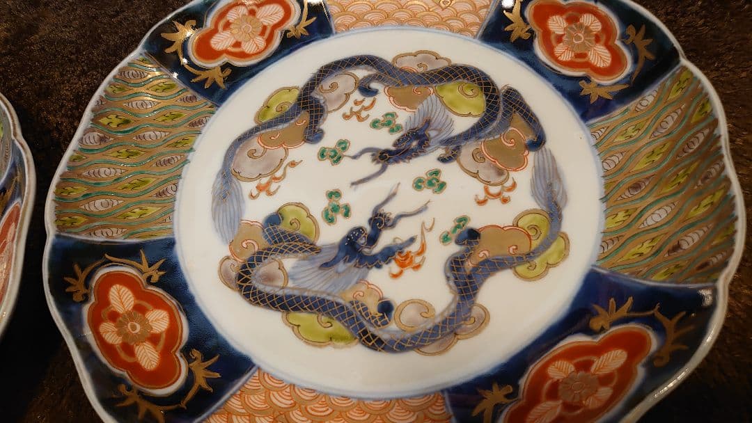 古伊万里　伊万里　大聖寺伊万里　大皿　双龍　小紋　八寸皿　３客
