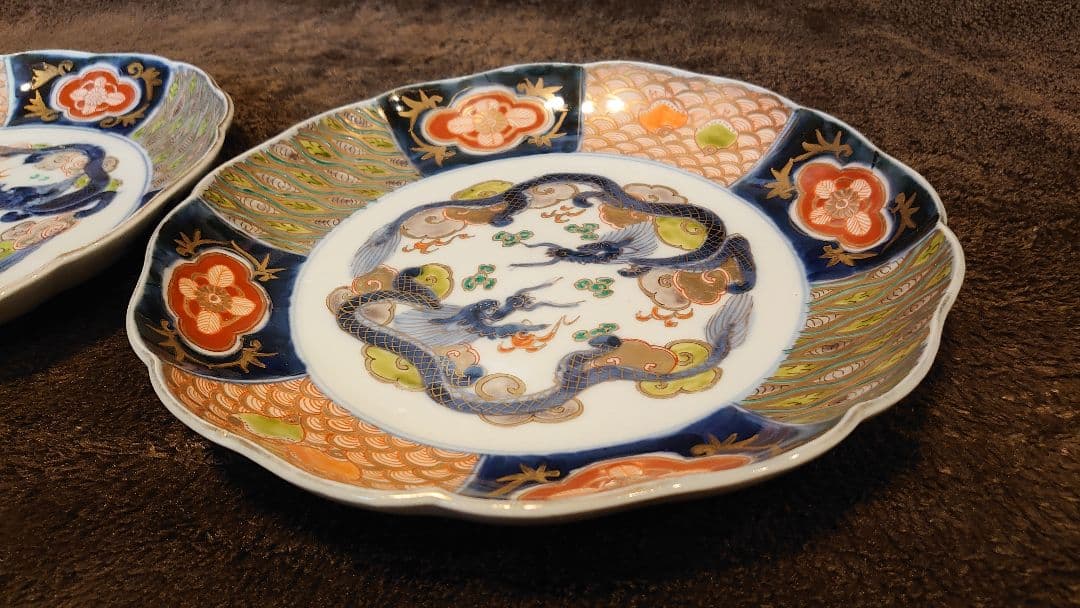 古伊万里　伊万里　大聖寺伊万里　大皿　双龍　小紋　八寸皿　３客