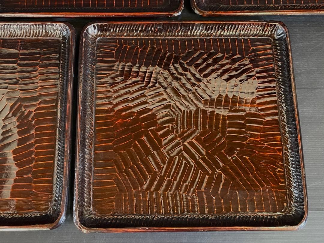 「母」 讃岐彫 四方膳 五客揃い 讃岐膳 讃岐盆 くり抜き （114Ｂ）