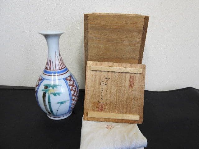 佐吉作　色絵松竹桜花入　共箱　M１４２３