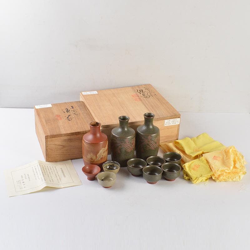 佐渡無名異焼　人間国宝　金渓堂　伊藤赤水　徳利　酒器　共箱　2点　VR7386F