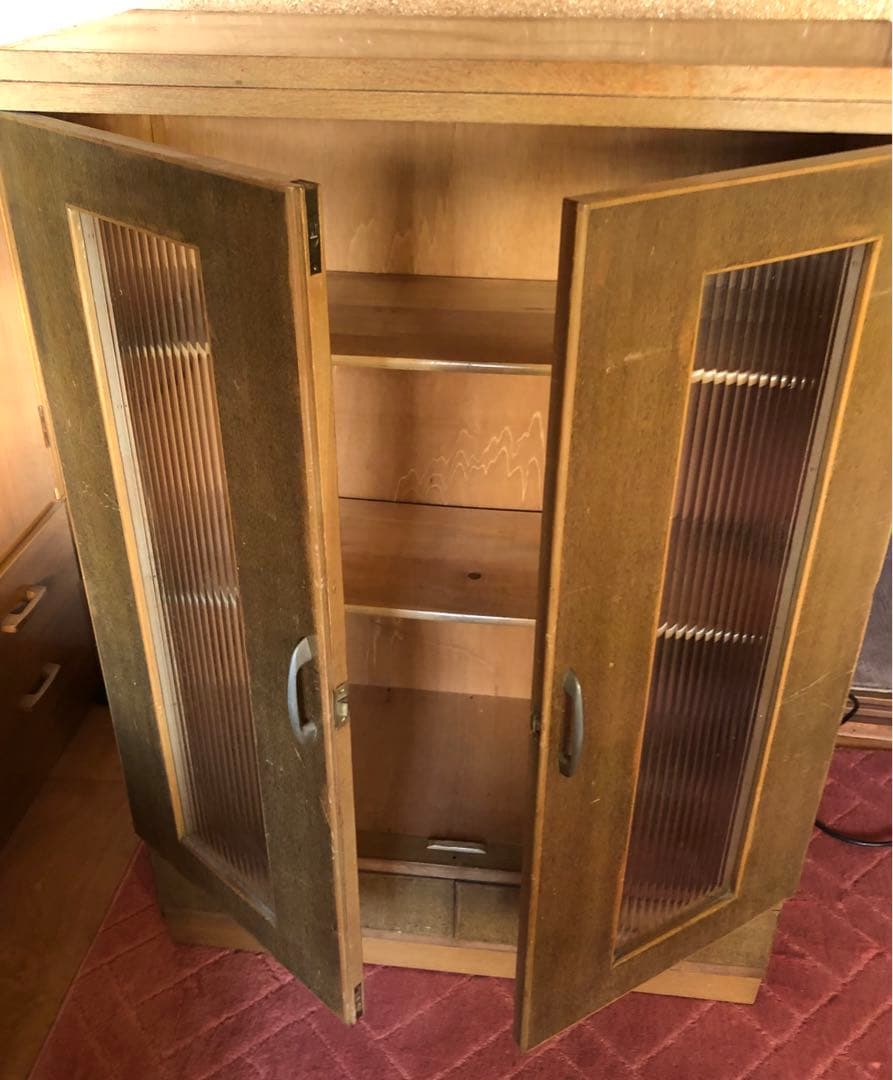 ヴィンテージ 木製キャビネット ガラス扉 引出し付き