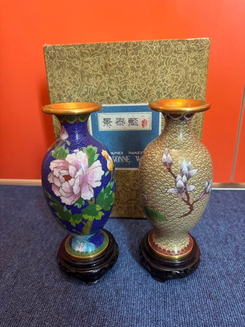 1571  景泰藍　花瓶2客　花台2客付き　骨董　時代物