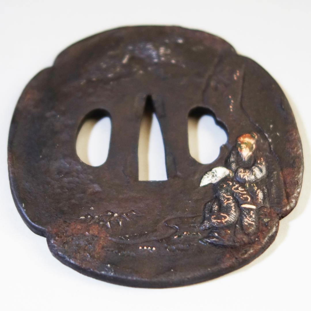 【賢人松下談義図鍔 銀銅象嵌】 鍔 鐔 鉄地 刀装具 日本刀 武具 江戸 骨董