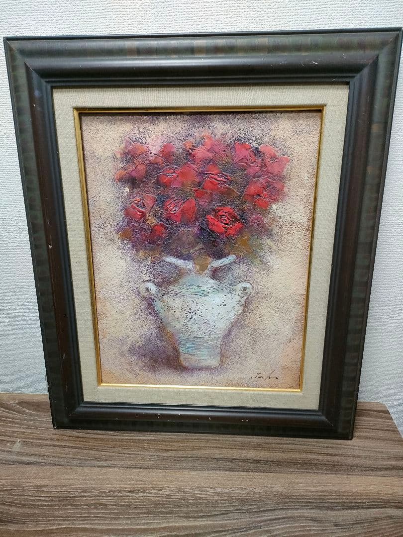 伊藤順一　紅いバラ　額装　油絵　油彩画