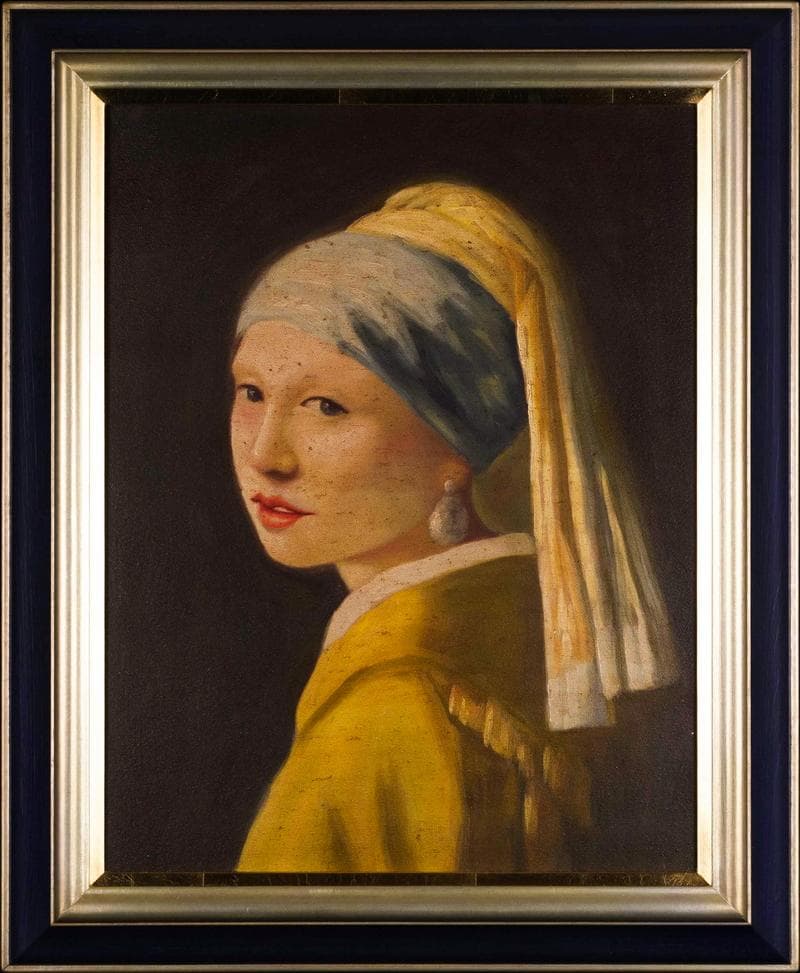 フェルメール　油彩　肉筆『耳飾りの少女』サイン　画廊シール　F6号　額　b636