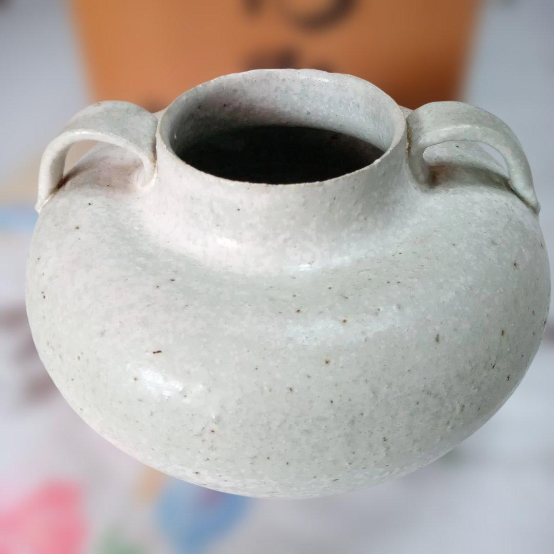 白釉耳付き花瓶 骨董 作家物 生け花 共箱入り
