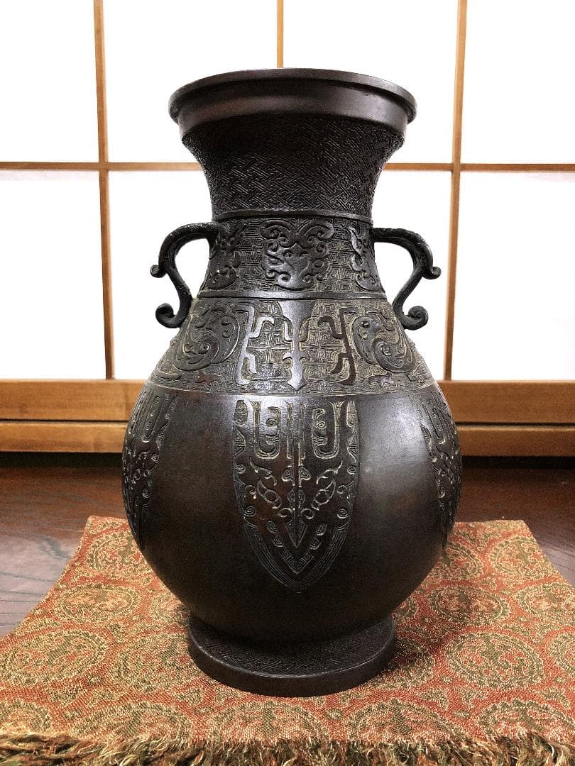 【 唐銅双耳壺 】 花入/花生 清朝初期 中国古玩