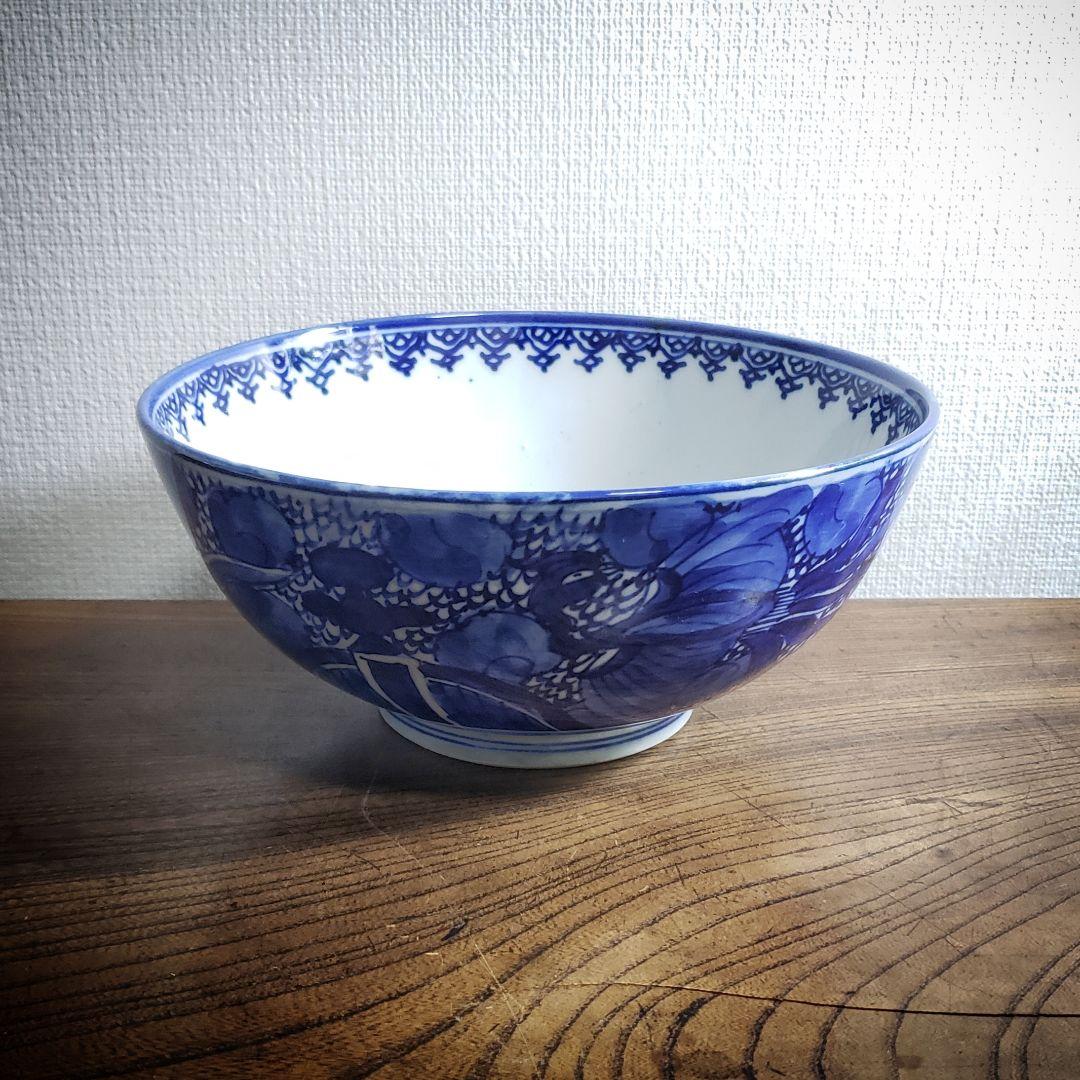 江戸期 染付 龍鳳凰文 大鉢 どんぶり 径19cm 骨董 古伊万里 縁起物