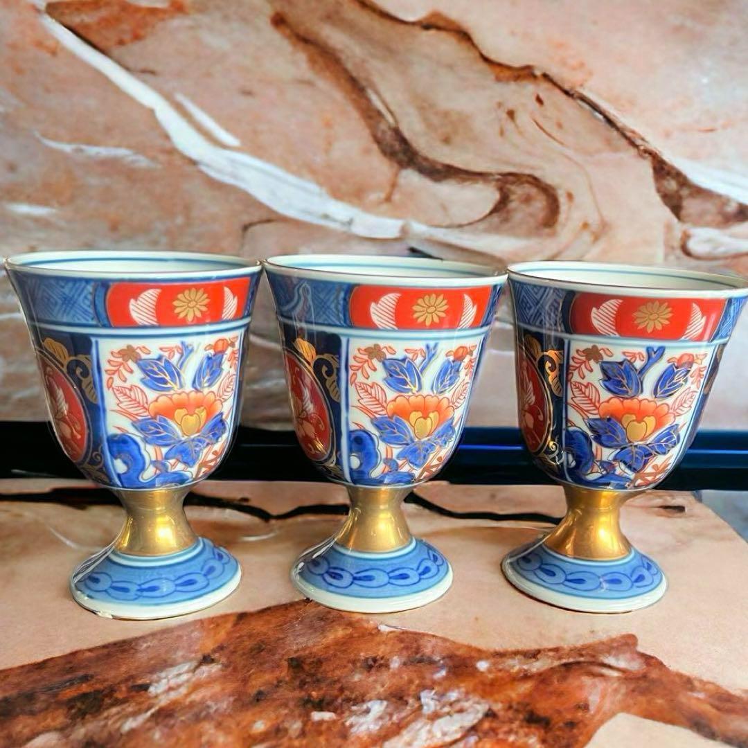 【美品】アンティーク 骨董 古伊万里 猪口 色絵付け／3客 カラフル 花