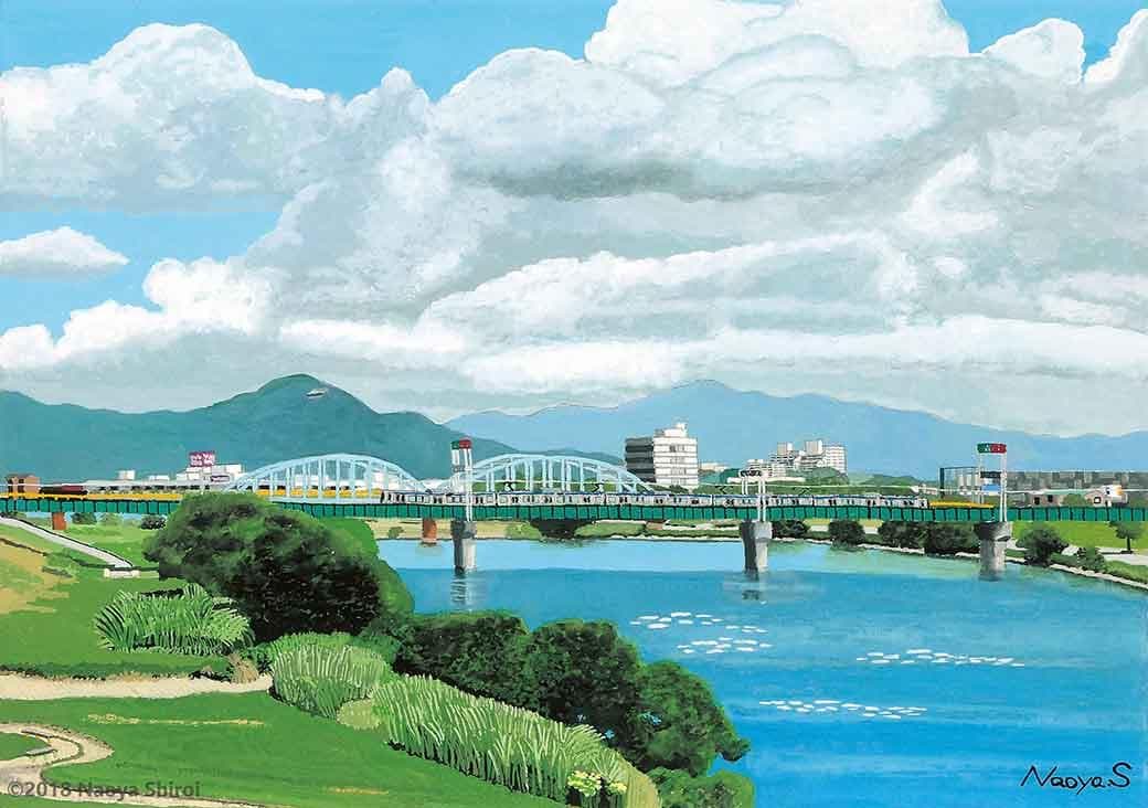 水彩画　ジクレー版画「筑後川の夏」（久留米市）