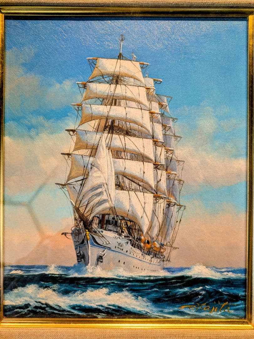 梶田達二帆船の油彩画 金色フレーム付き