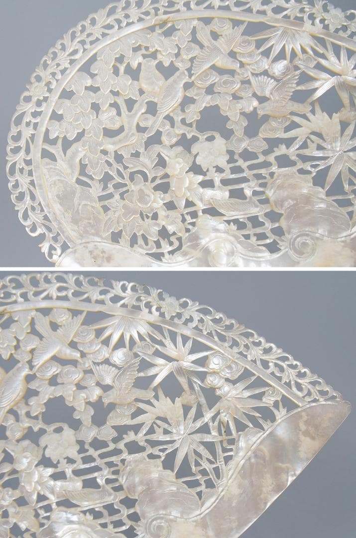 【貝】　★ 文房 貝彫花鳥図擺件 ★　清朝期　竹 牡丹 喜鵲 彫刻文様　雅玩雑項