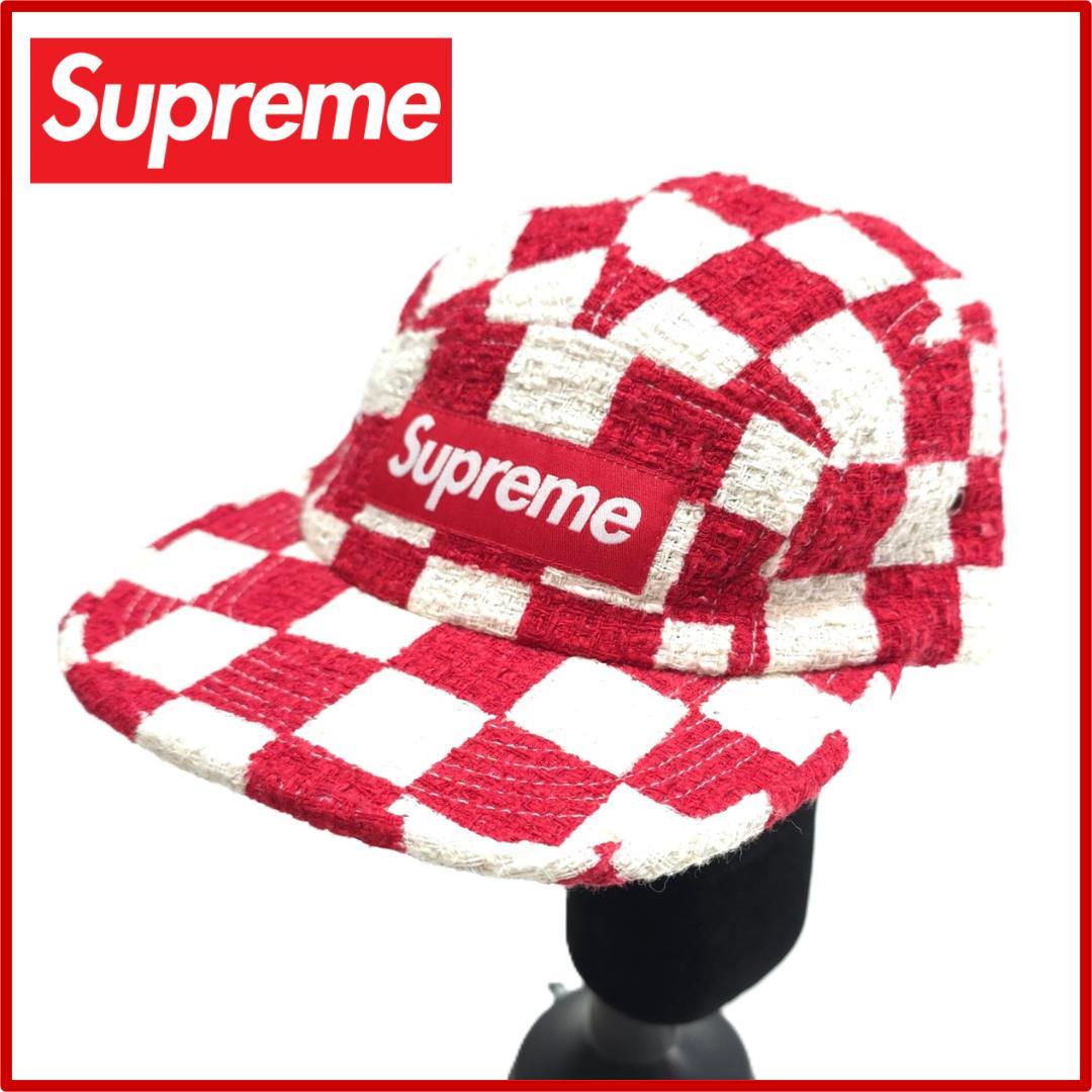 美品【Supreme】 チェッカーボード ツイード キャンプキャップ 赤白