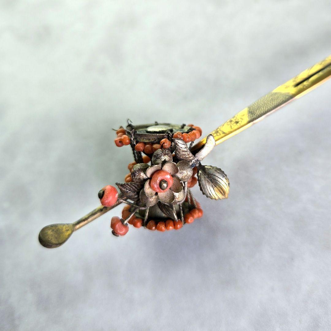 アンティーク　金工　珊瑚　簪　銀かんざし　鼓　G8　着物　明治　骨董　髪飾り