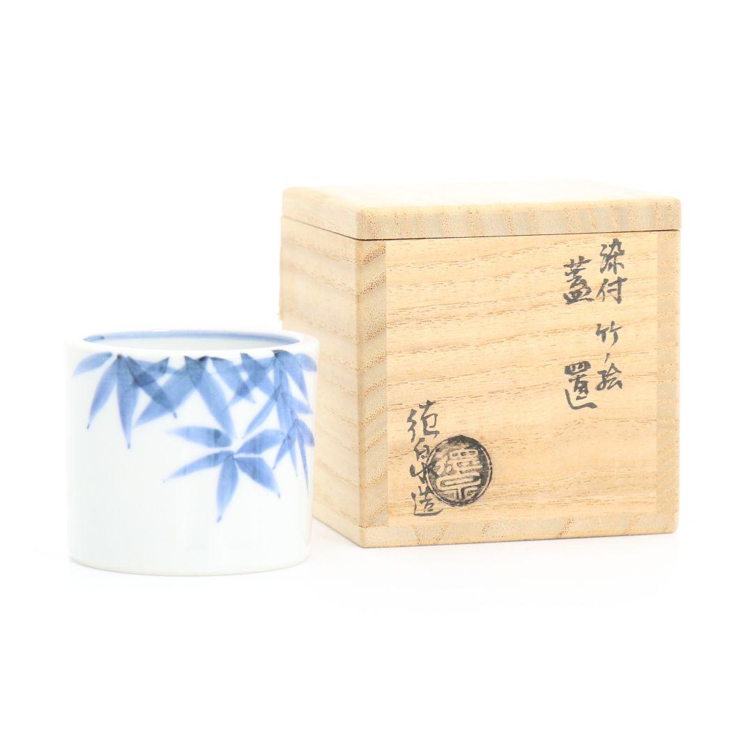 西村徳泉造 染付竹ノ絵蓋置 共箱共布 茶道具　AT110　1F28