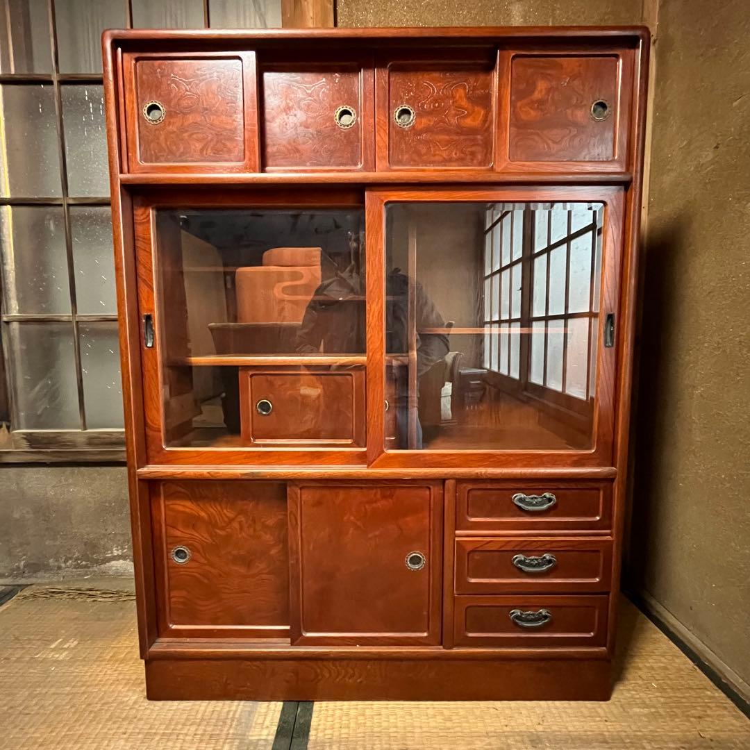 昭和レトロ 木製 茶箪笥 水屋箪笥 ガラス戸