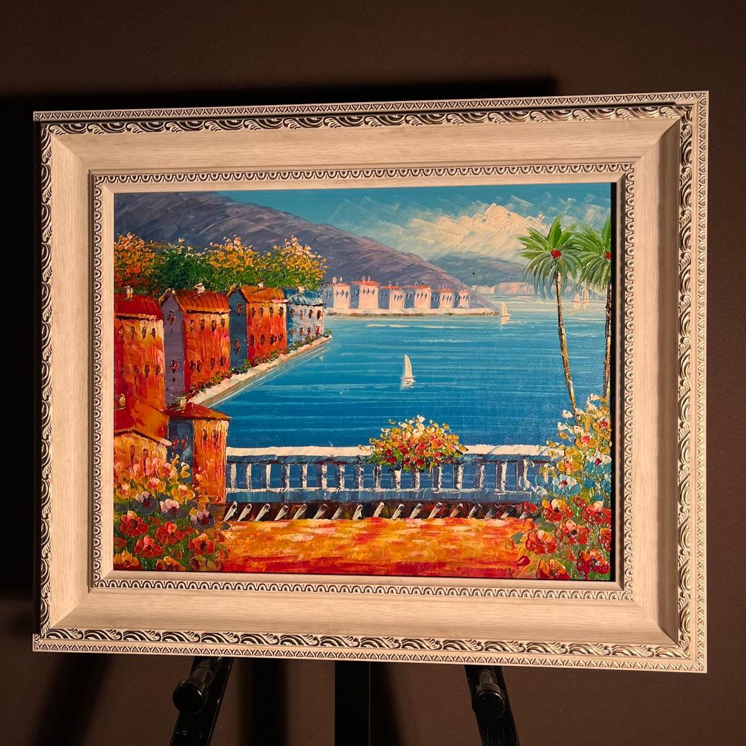 手書き油絵 地中海の風景 絵画 インテリア 油彩画