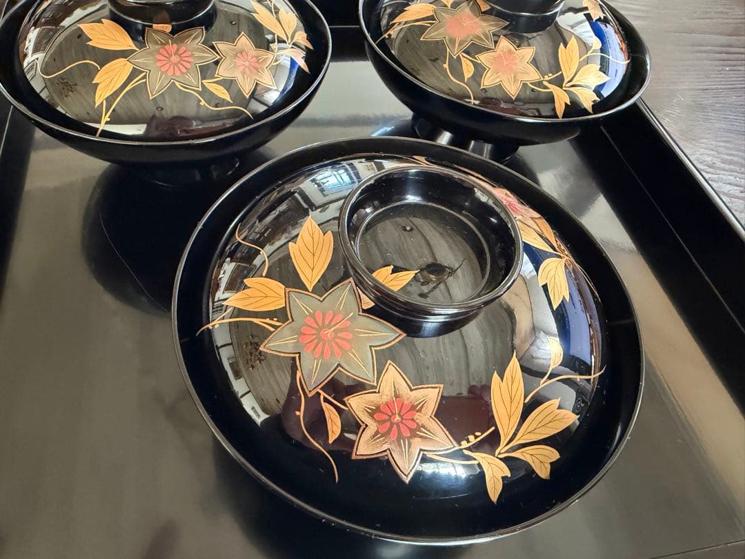 輪島塗（重要無形文化財）高級汁椀　鉄仙図　 3客