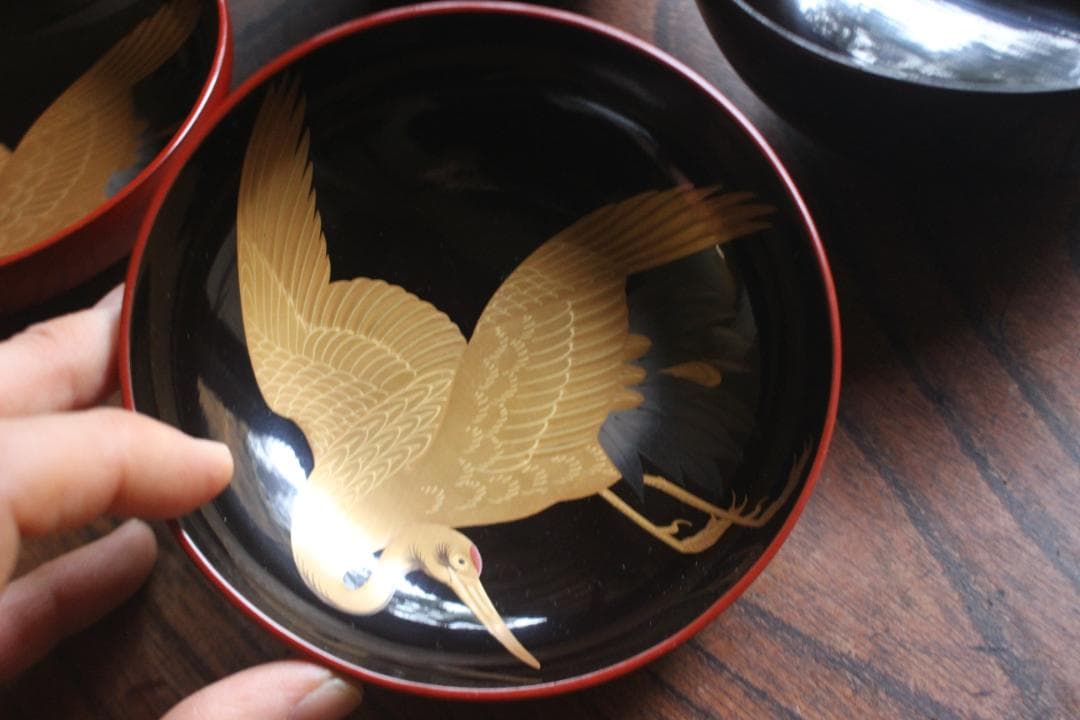 時代逸品！優美な見返し鶴蒔絵の映える日の出椀2点（検輪島塗雑煮椀蒔絵椀