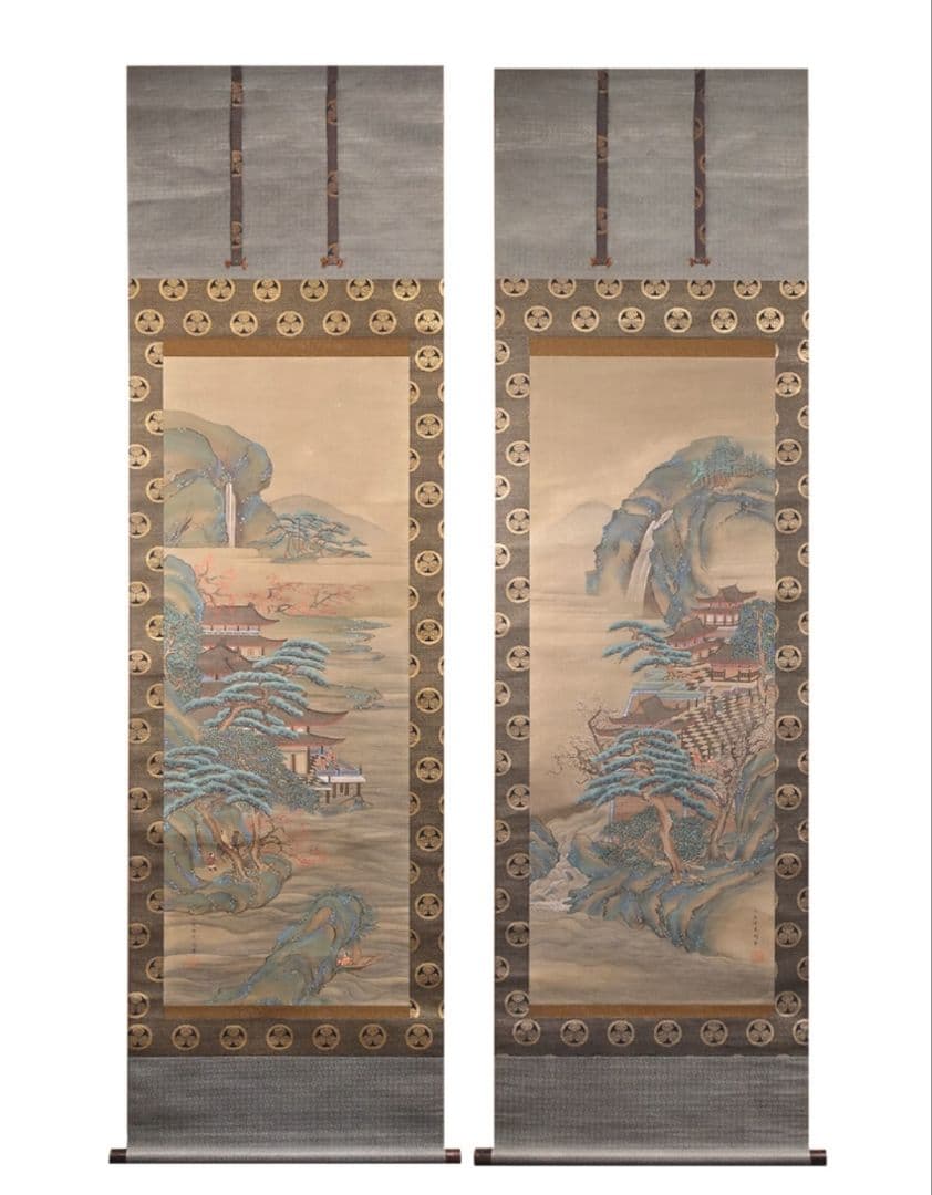 土佐光起 真筆 慶應三年以降の作 絹本 着色楼閣山水図 双幅 徳川家葵御紋表