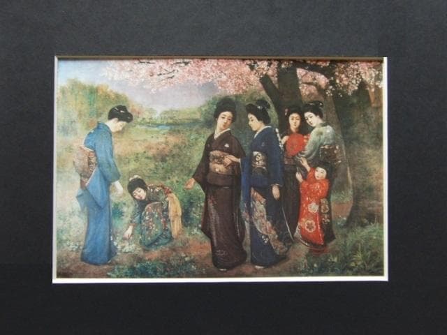 岡田三郎助、【桜狩】、希少画集画より、状態良好、新品高級額装付