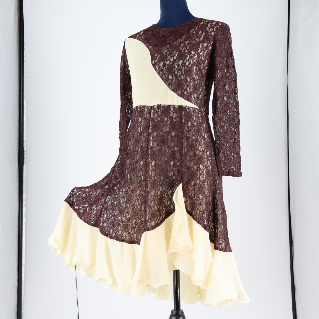 【美品 社交ダンス衣装】ブラウンレース地×クリーム ラテンドレス ストレッチ有