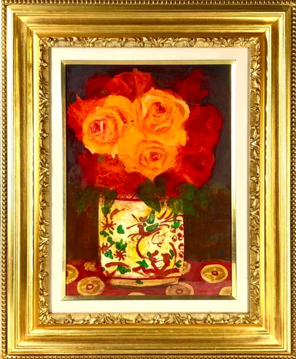 【真作】清原啓一「赤絵壺の薔薇」油彩4号　一枚の繪取扱作品　芸術院会員　巨匠名品