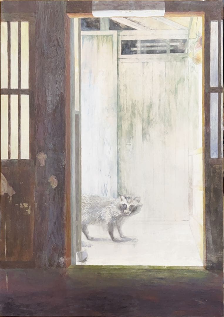 日本画　日本家屋　たぬき　動物　狸　岩絵具　B1サイズ　パネル