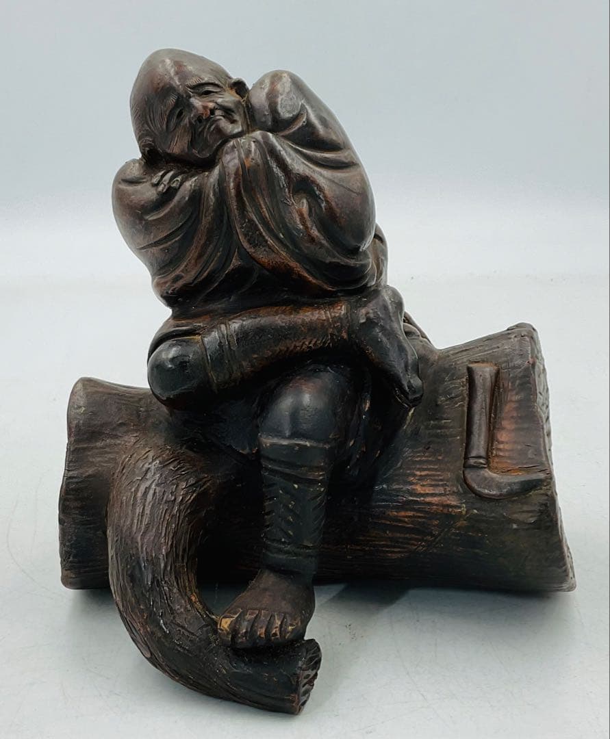 【58】▲明治時代　備前焼　古木で休む農夫像　希少　珍品▲