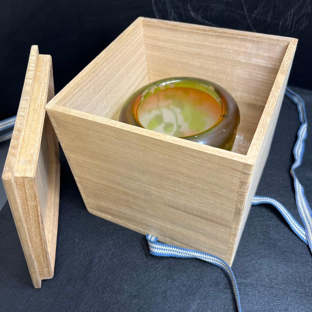 エミール・ガレ　第二期工房酸化腐食彫花入　木箱　幅約14㎝東Y8-0130☆1F