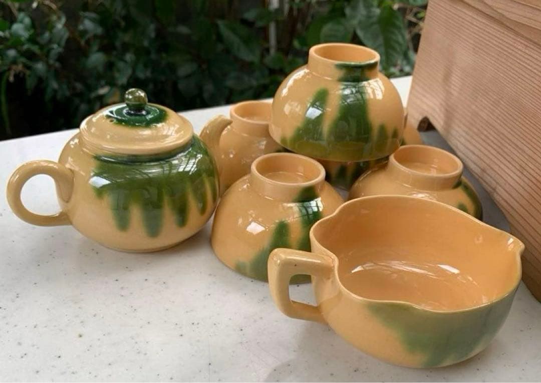 出雲　若山製陶所　釉下緑彩　煎茶器　揃　箱入　アンティーク