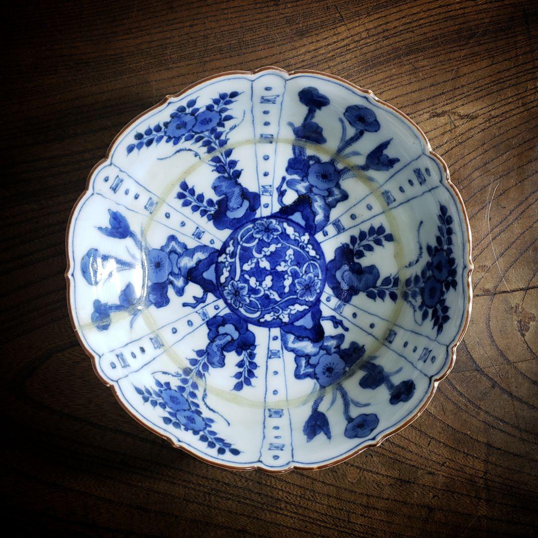 古伊万里　染付　なます皿　芙蓉手　花図　花唐草　訳あり　ガラス継ぎ　ハ号　江戸