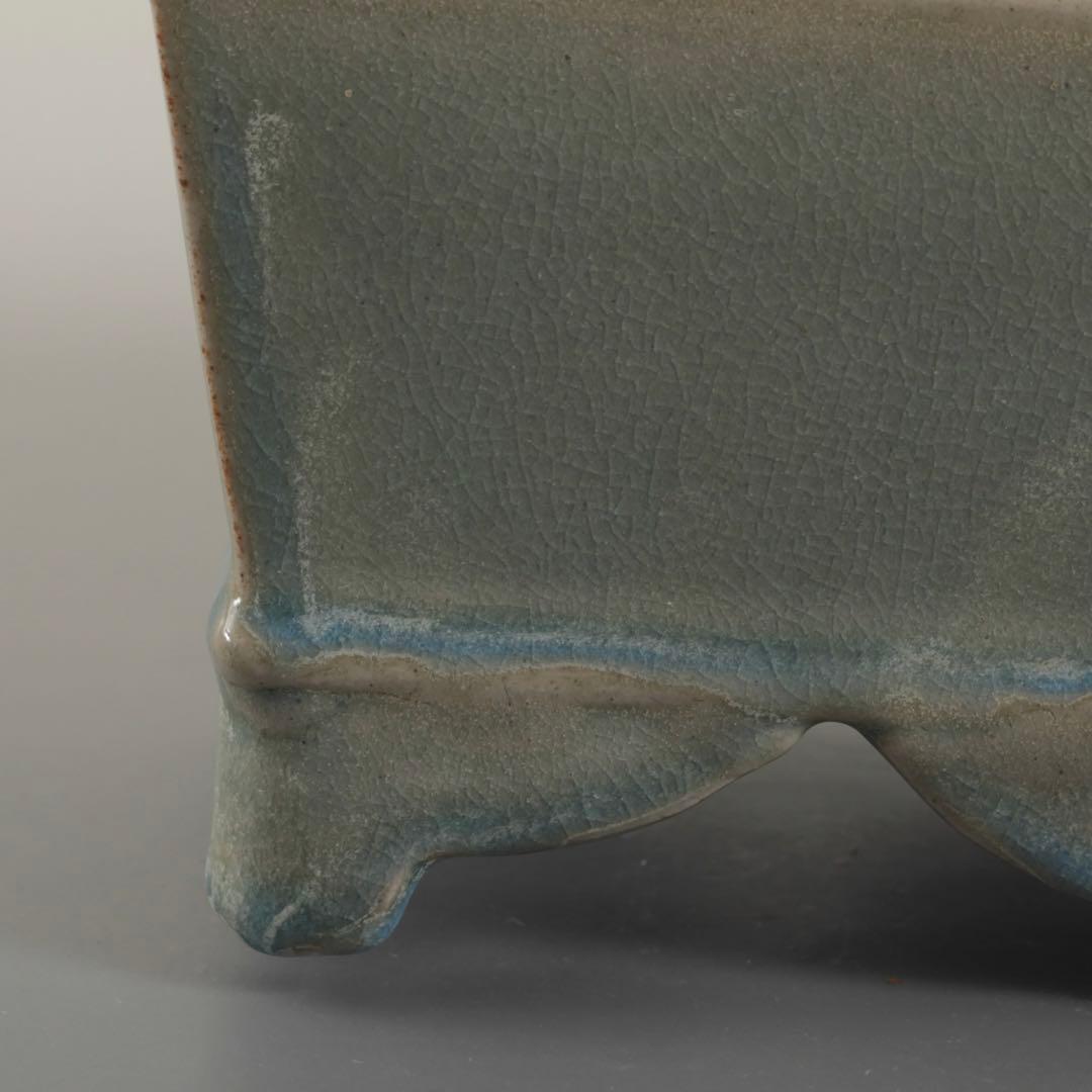 天晴釉 四方形 香炉 倣古 仿汝釉 清朝期？ 中国美術 青磁香炉 古美術 古道具