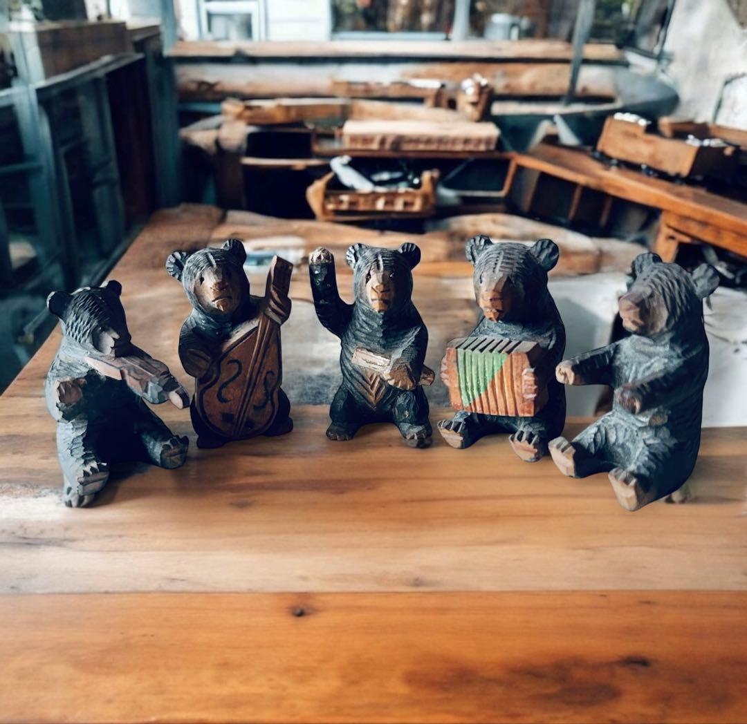 1950年代 北海道函館 毛彫り 木彫り熊楽団×5セット アイヌ 一刀彫り 民藝