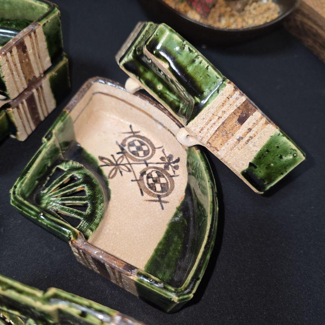 織部焼　扇面　向付　8客セット　3点猫足付き　山口茂作　茶道具/懐石道具