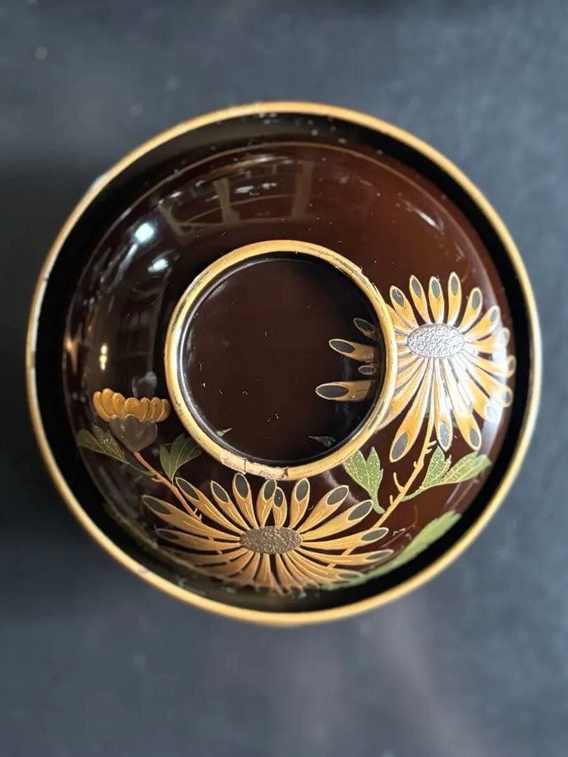 アンティーク品　漆器椀　時代物　 京塗り7客セット 金色の菊花7種類の模様