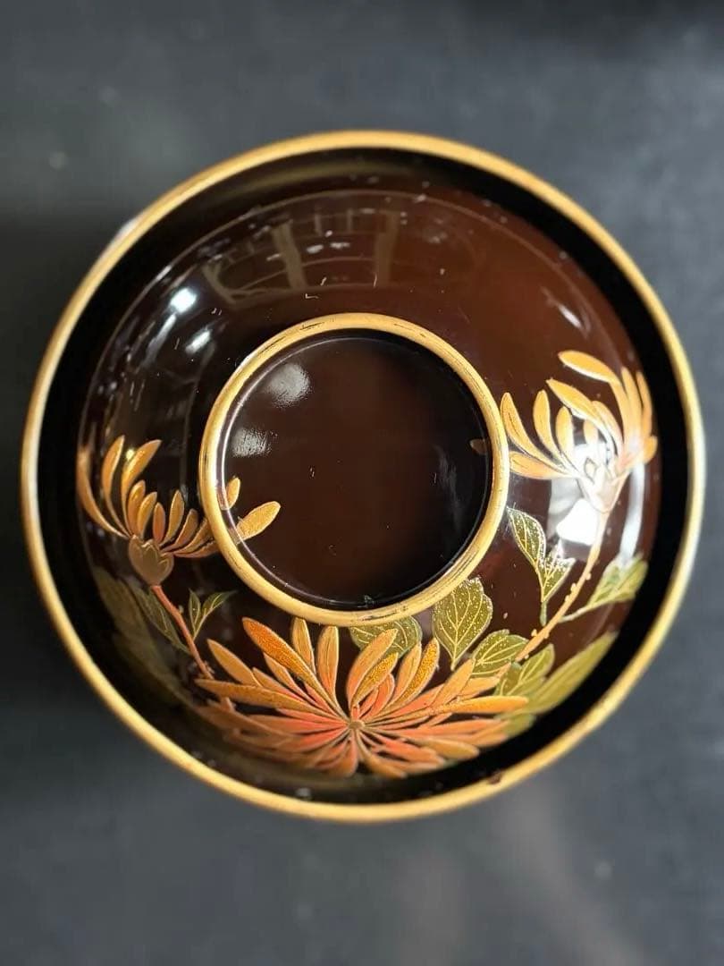 アンティーク品　漆器椀　時代物　 京塗り7客セット 金色の菊花7種類の模様