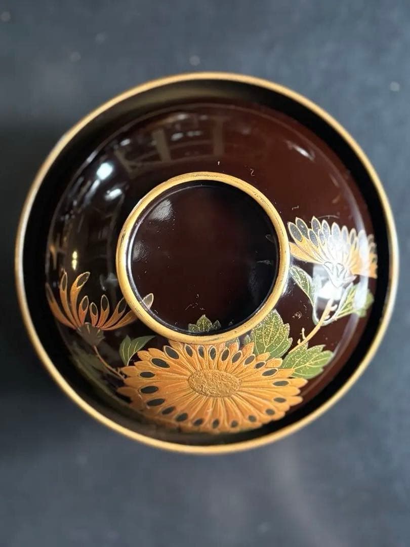 アンティーク品　漆器椀　時代物　 京塗り7客セット 金色の菊花7種類の模様