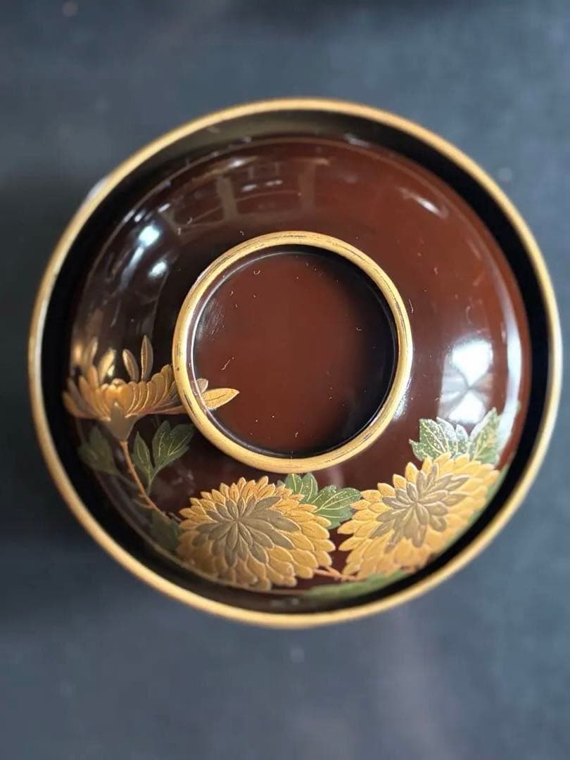 アンティーク品　漆器椀　時代物　 京塗り7客セット 金色の菊花7種類の模様