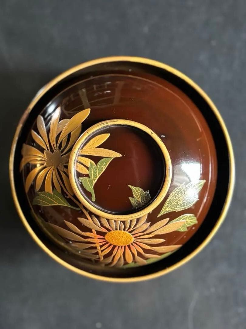 アンティーク品　漆器椀　時代物　 京塗り7客セット 金色の菊花7種類の模様