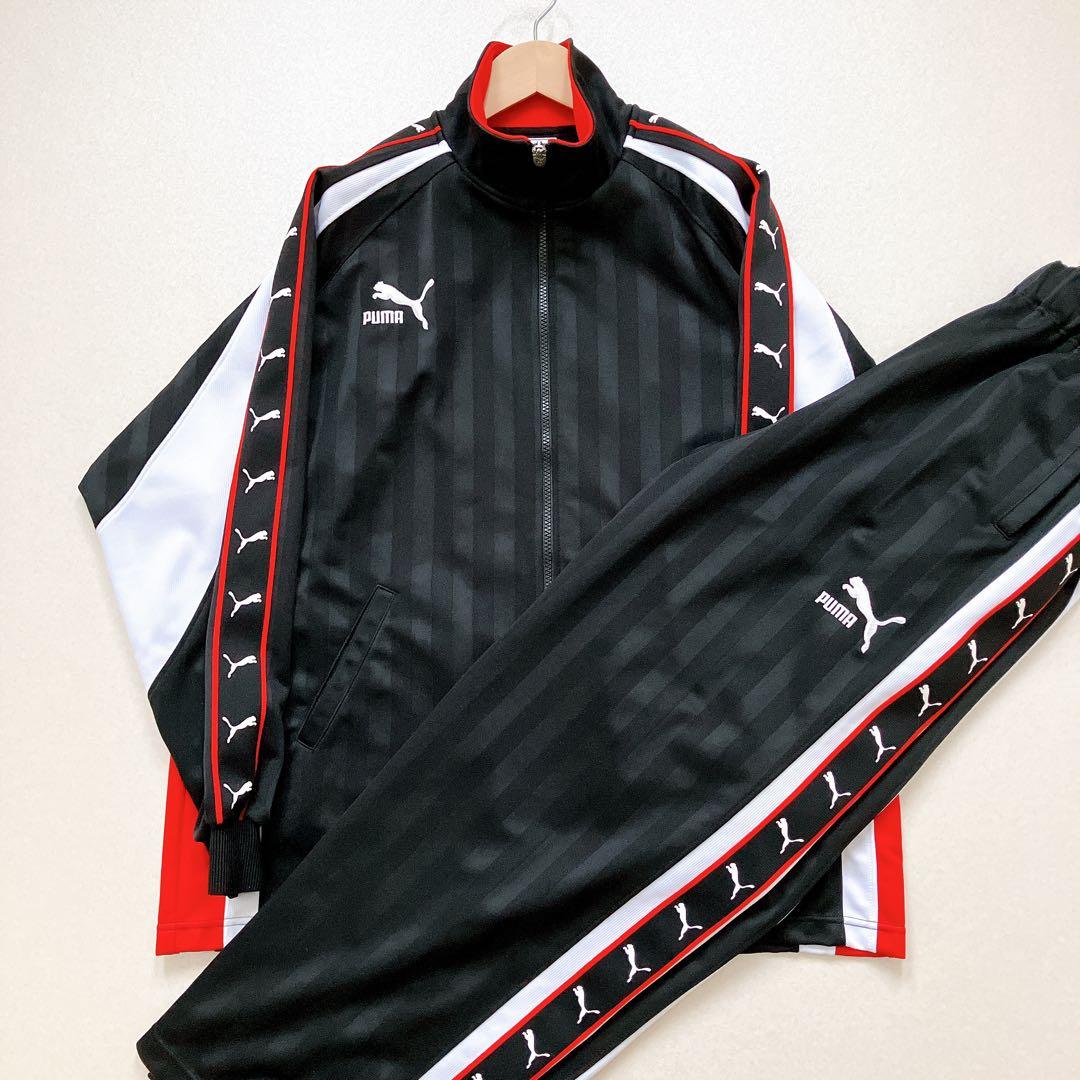 プーマ　ジャージ　上下　セットアップ　刺繍ロゴ　ストライプ　黒　サイドライン