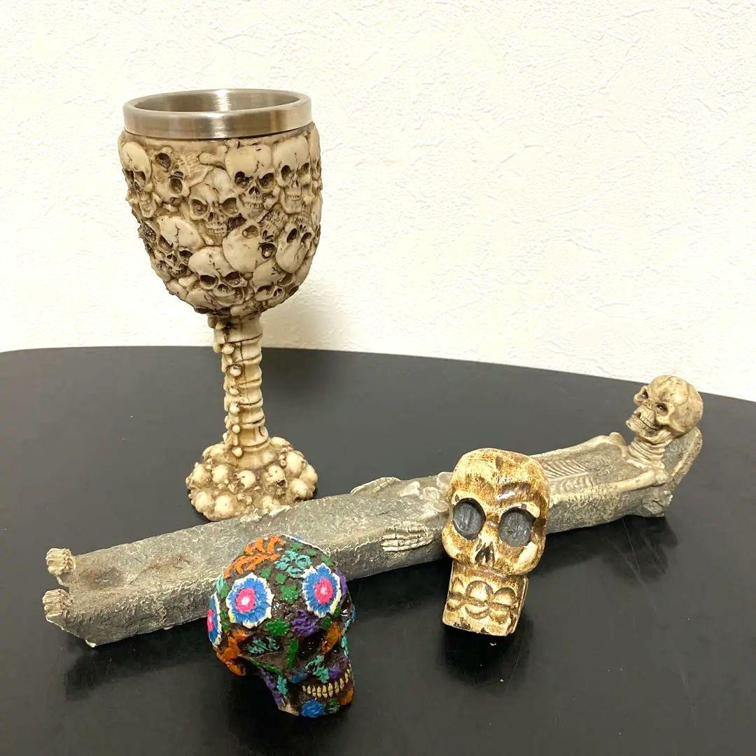 スカル ドクロ 髑髏 フィギュア ４種セット 置物 お香立て ステンレスグラス8