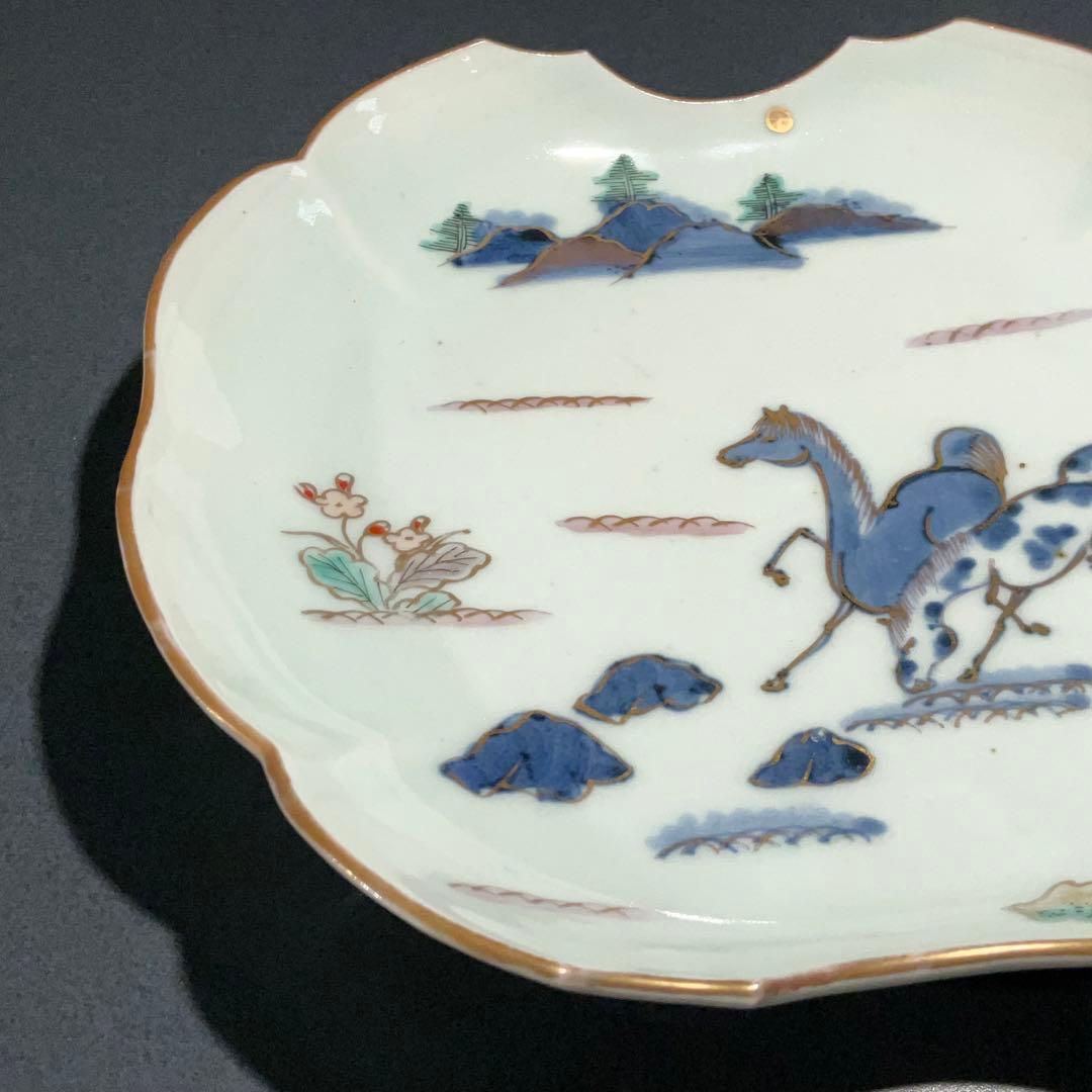 伊万里金襴手馬図変形皿　江戸　古伊万里　金直し　R0917w1ダH